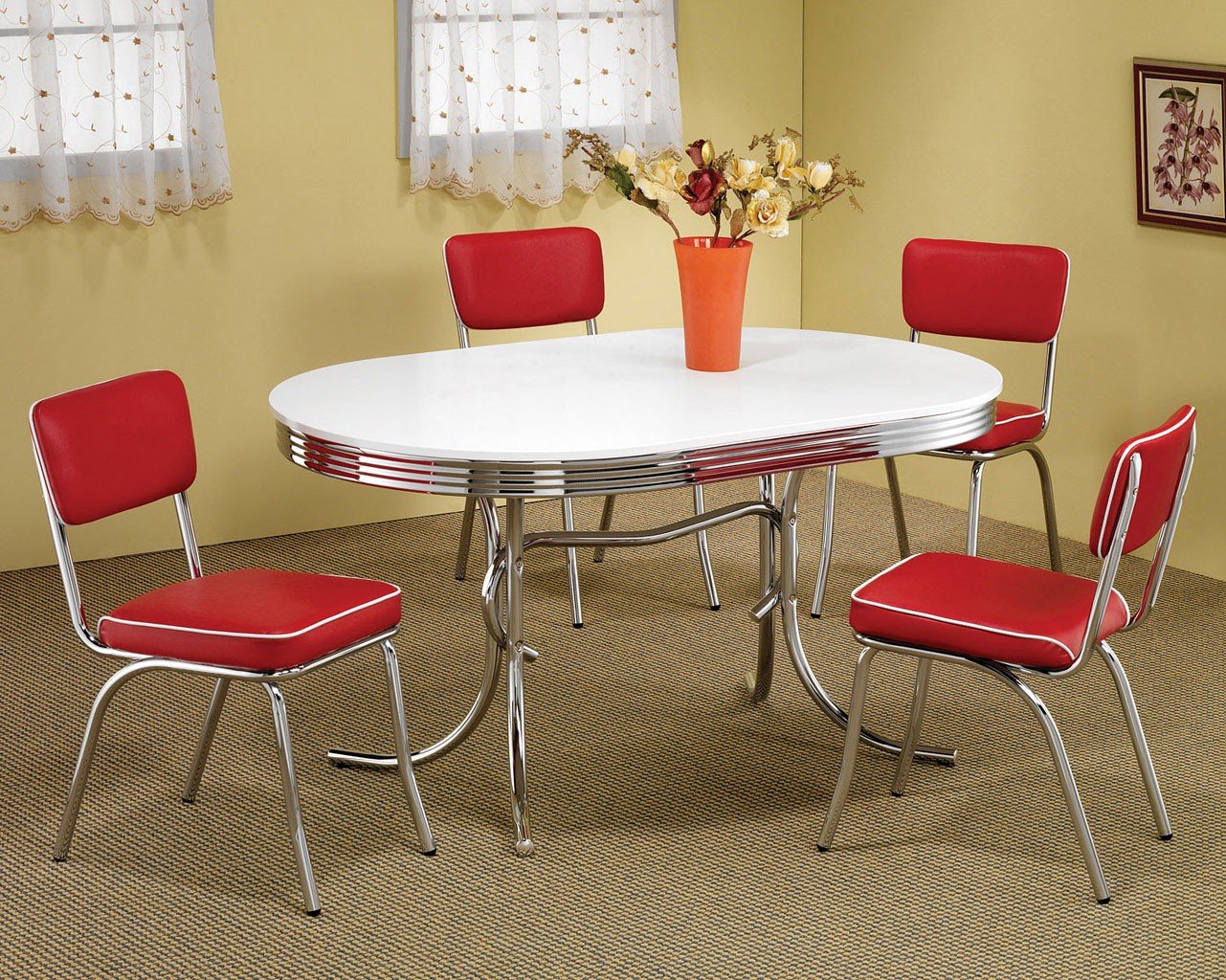 dining room set with red chairs