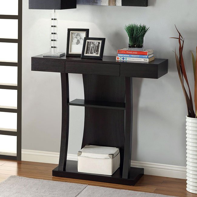 T-Shaped Cappuccino Console Table with 2 Shelves and Drawer by Coaster 950048 