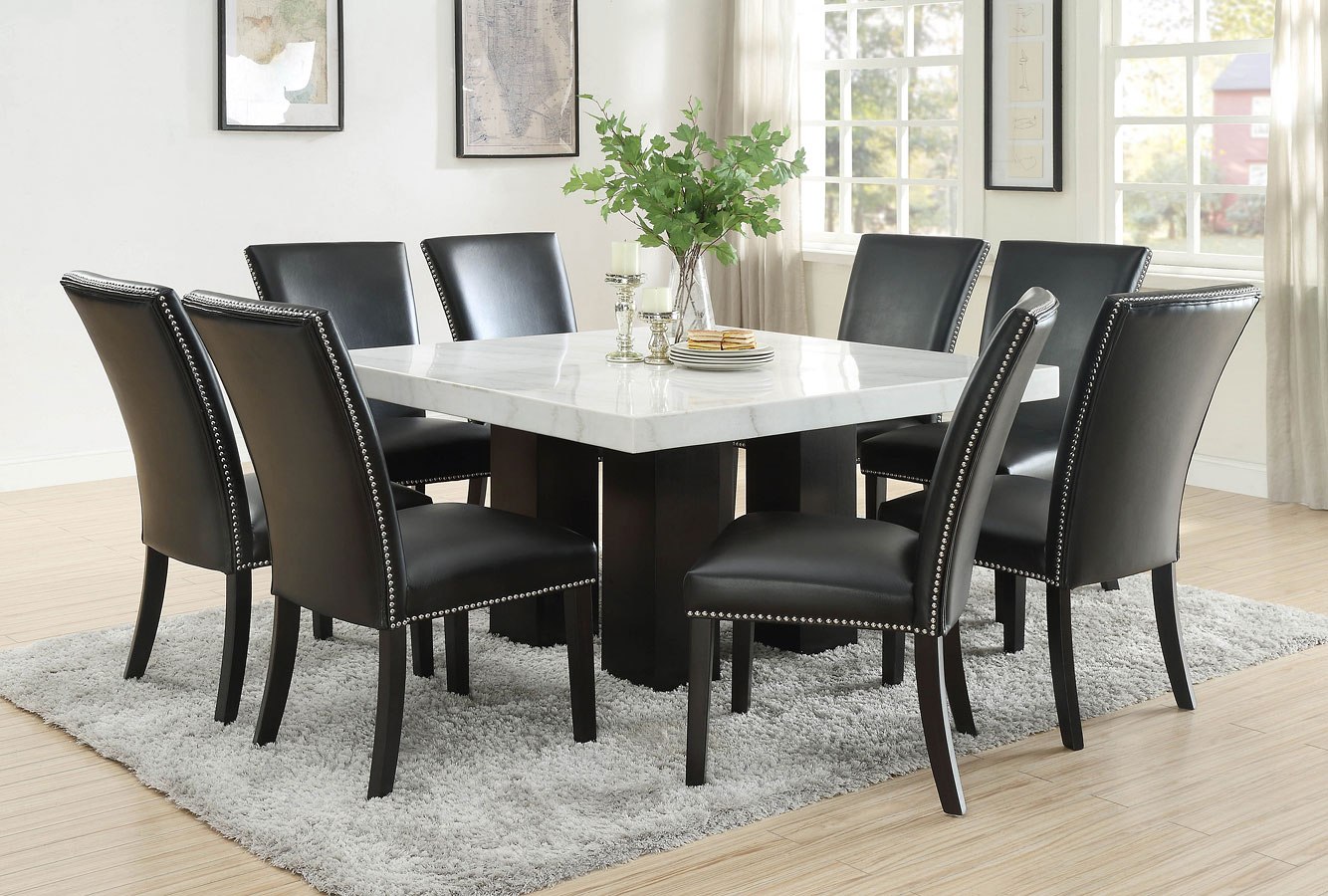 Camila Square Dining Room Set W Black PU Chairs By Steve Silver Furniture FurniturePick