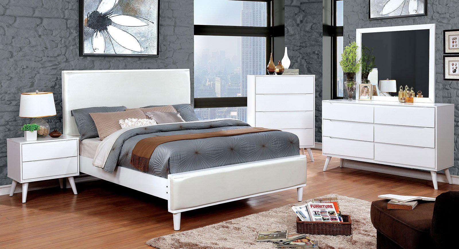 Lennart Upholstered Bedroom Set (White) by Furniture of America