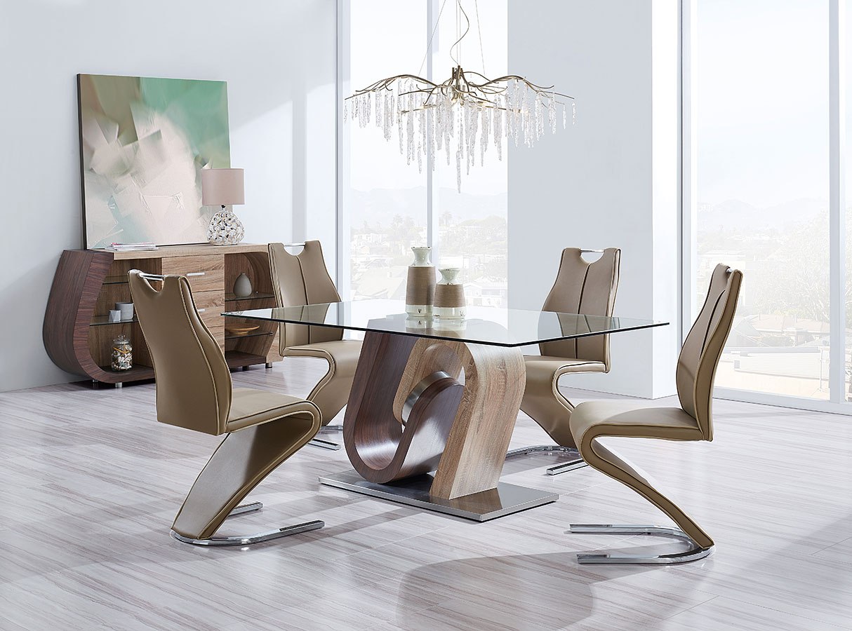D4126DT Oak & Walnut Glass Table &  Chairs Dining Set 