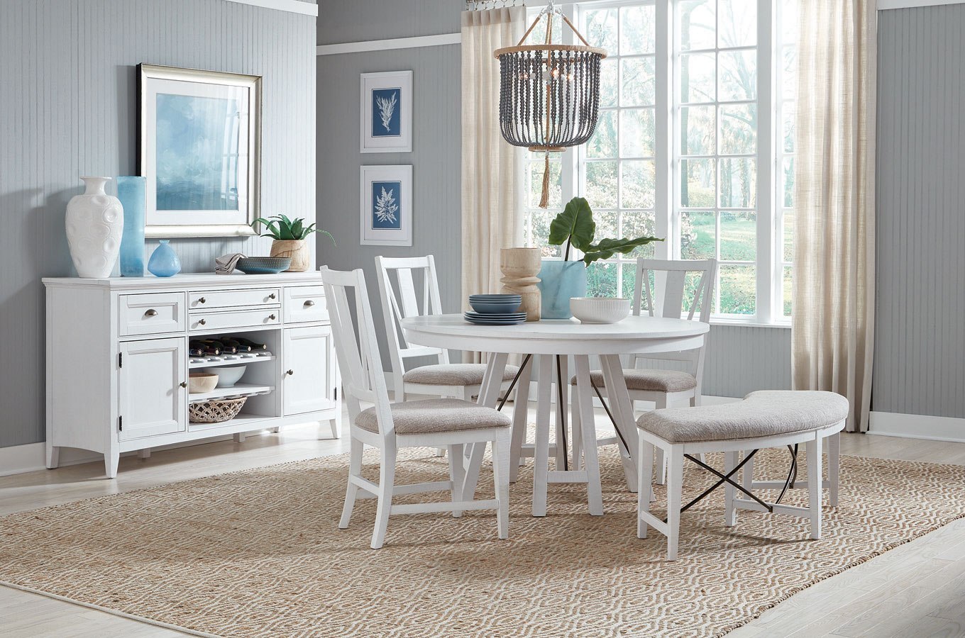 Heron Cove Round Dining Room Set w/ Chairs and Curved Bench