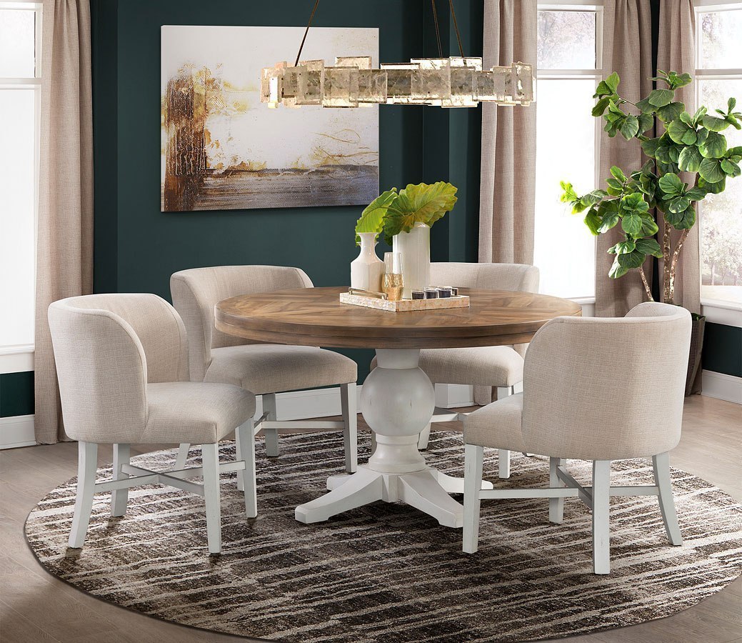 round dining room set with upholstered chairs