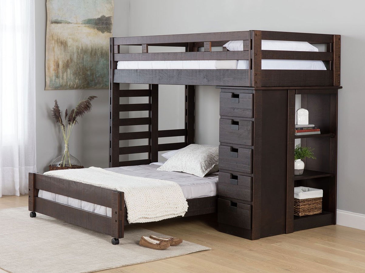 Vista Brown Twin over Full Basic Loft Bed w/ Bookcase by Elements ...