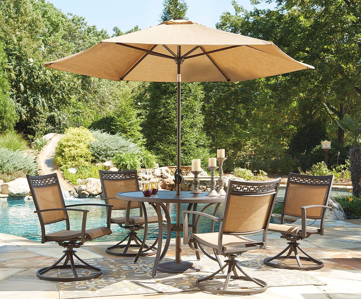 Carmadelia Round Outdoor Dining Set w/ Swivel Chairs and Umbrella by ...