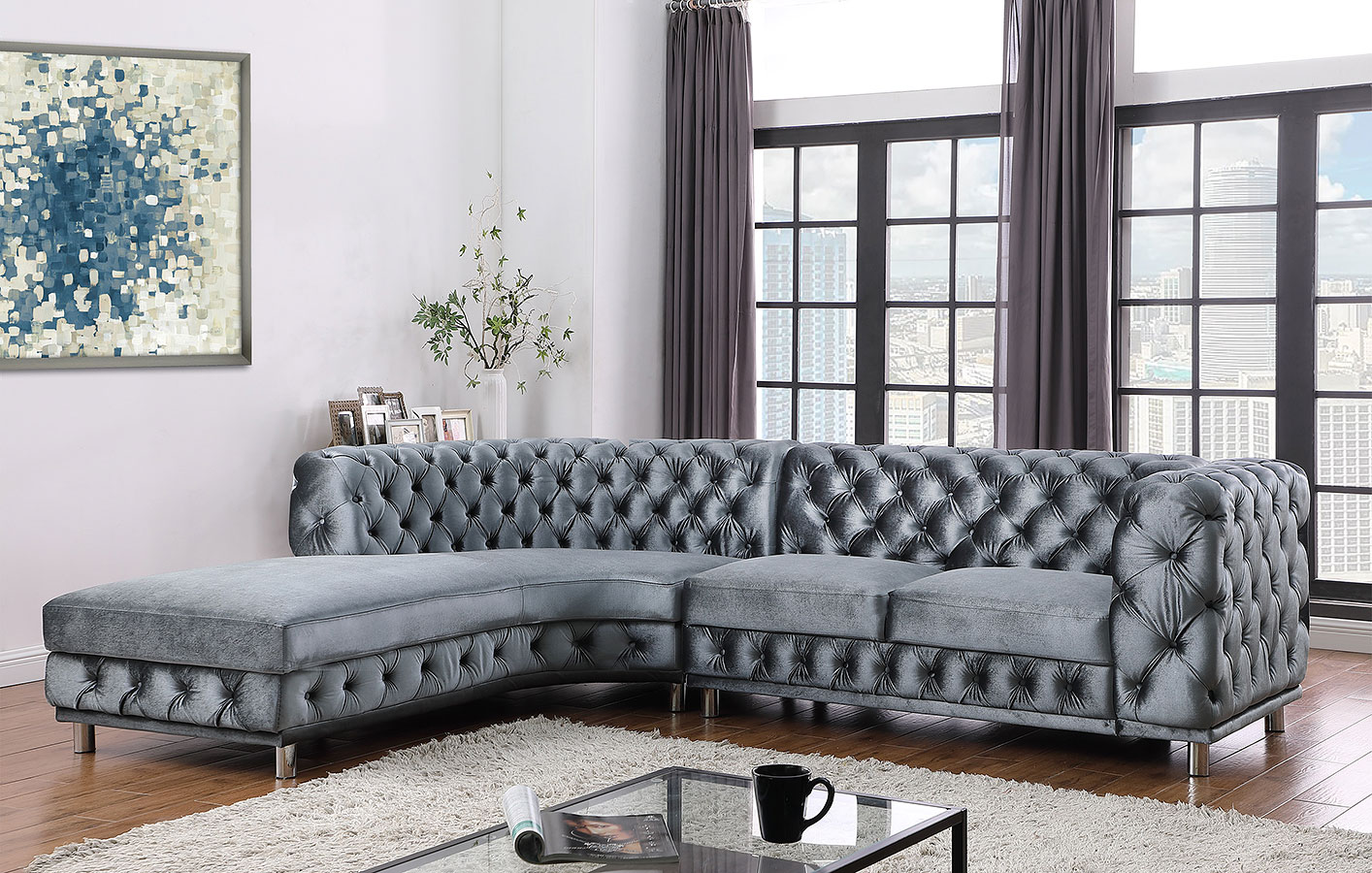 U547 Grey Velvet Sectional By Global Furniture FurniturePick   U547 GREY VELVET SECTIONAL 1 