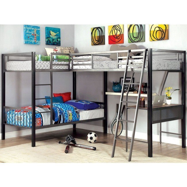 bunk bed with two desks