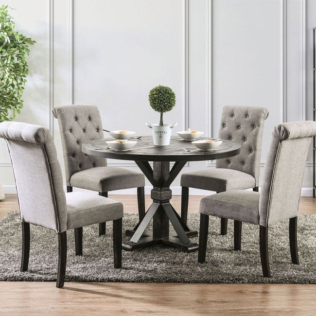 Alfred Round Dining Room Set W Light Gray Chairs By Furniture Of America Furniturepick