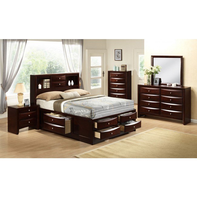 NEW Modern Espresso Wood King Size Bed Bedroom Bookcase Storage Space Headboard 