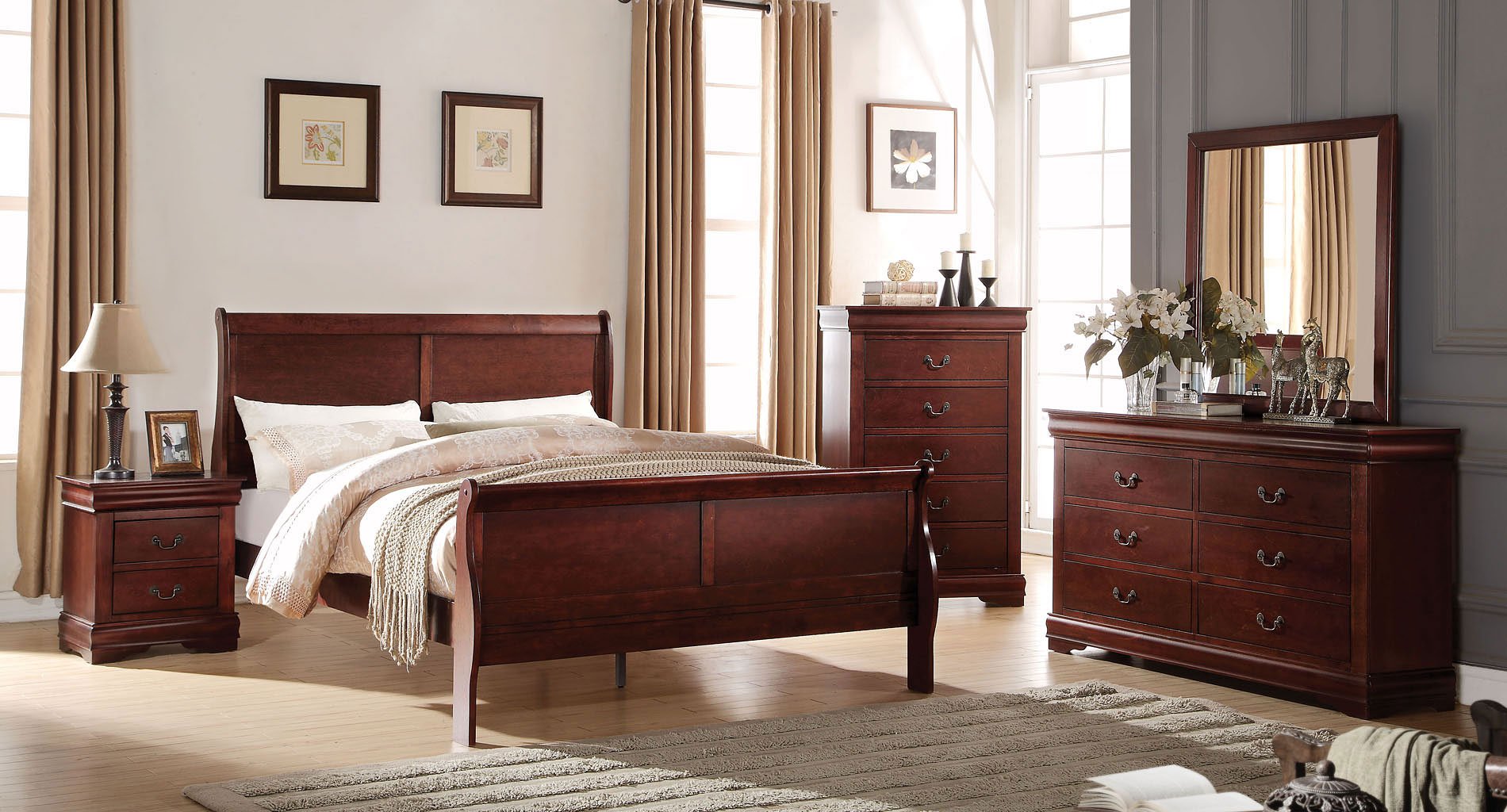 Louis Philippe Sleigh Bedroom Set (Cherry) - Bedroom Sets - Bedroom Furniture - Bedroom