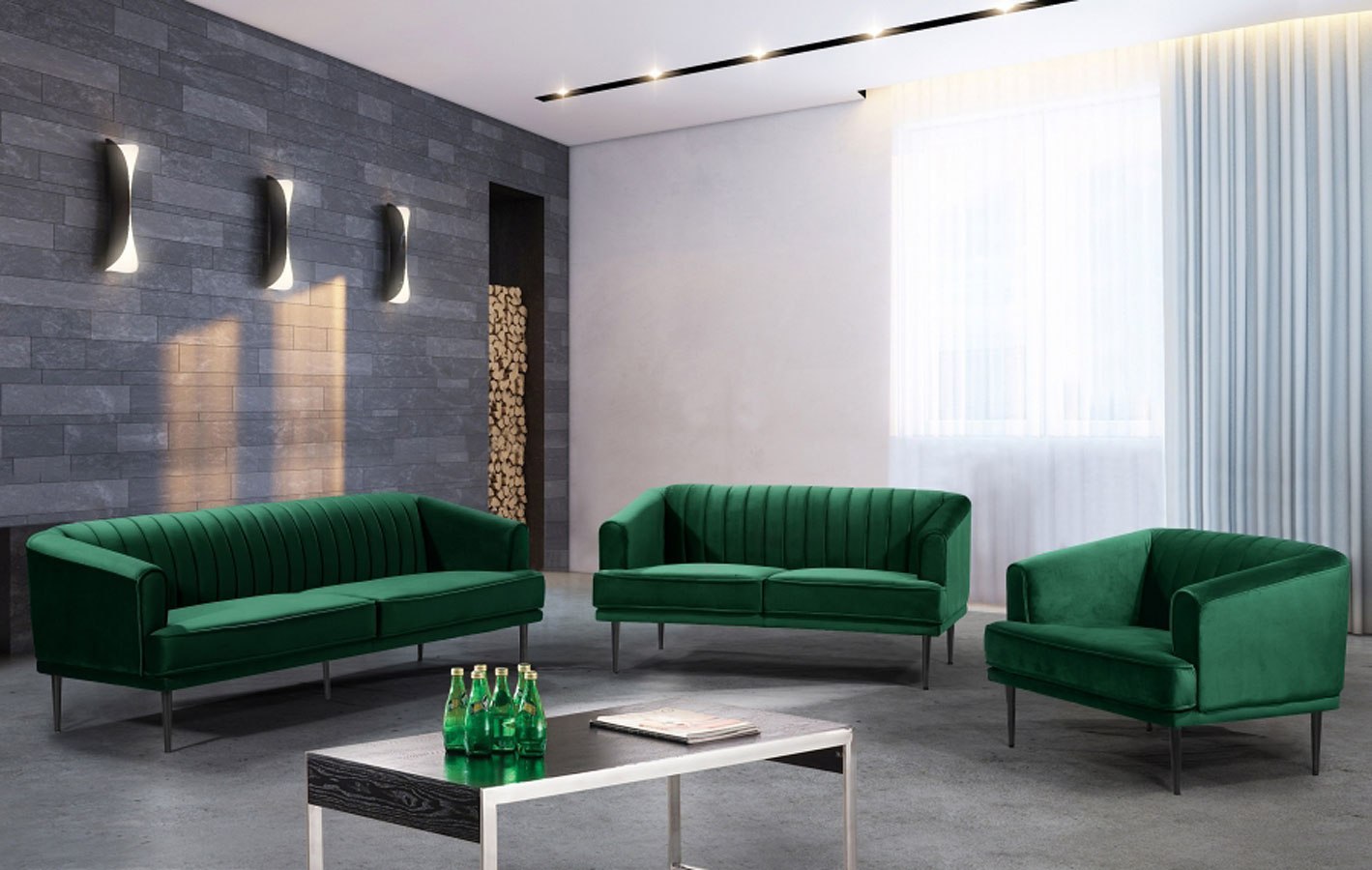 Rory Velvet Living Room Set (Green) by Meridian Furniture ...