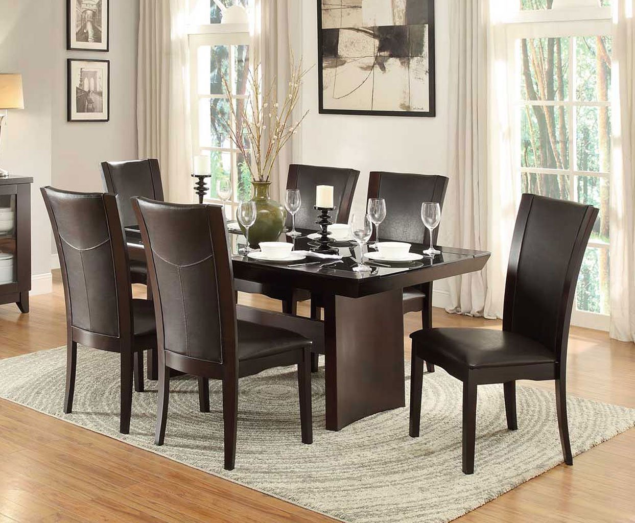 Daisy Glass Insert Dining Room  Set  w Dark Brown Chairs 