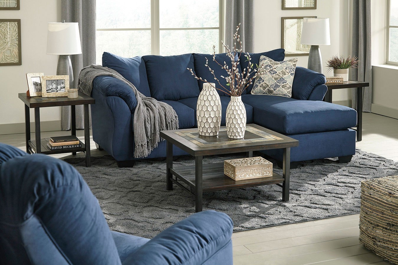 Blue Sofa Set Living Room - Navy Blue Fabric Living Room Sofa Set 3Pcs