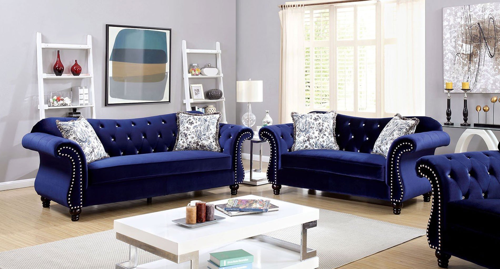 Jolanda Living Room  Set Blue  Living Room  Furniture  