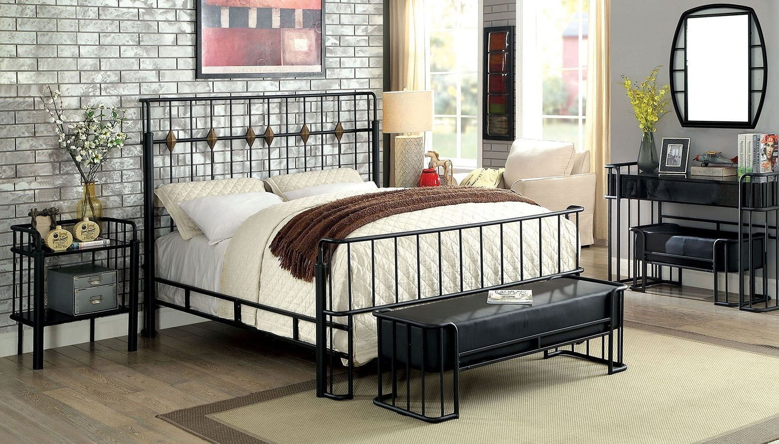 dark wood and metal bedroom furniture