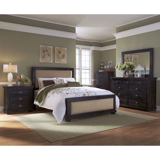 willow upholstered bedroom set (distressed black)progressive