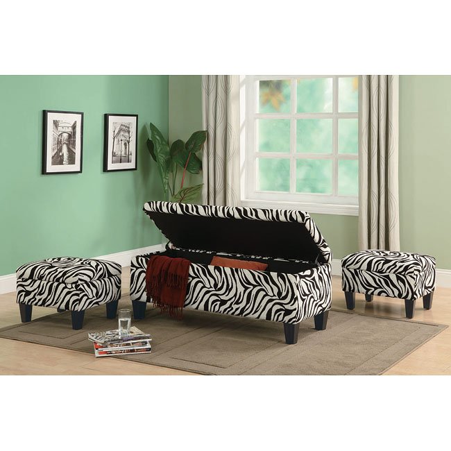 Zebra Print Storage Bench W 2 Ottomans By Coaster Furniture