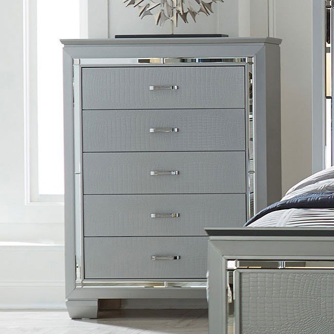 Portofino Contemporary Mirrored Glass Slim Chest of Drawers with Silver Trim