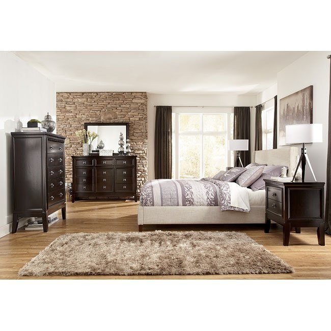 Martini Suite Bedroom Set w/ Light Beige Upholstered Bed by Signature